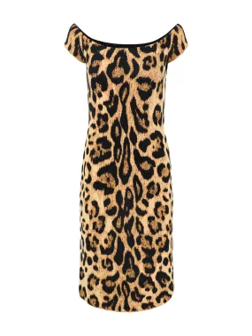 Oscar de la Renta Off-Shoulder Scoop Neck Jaguar Dress in Beige Multi