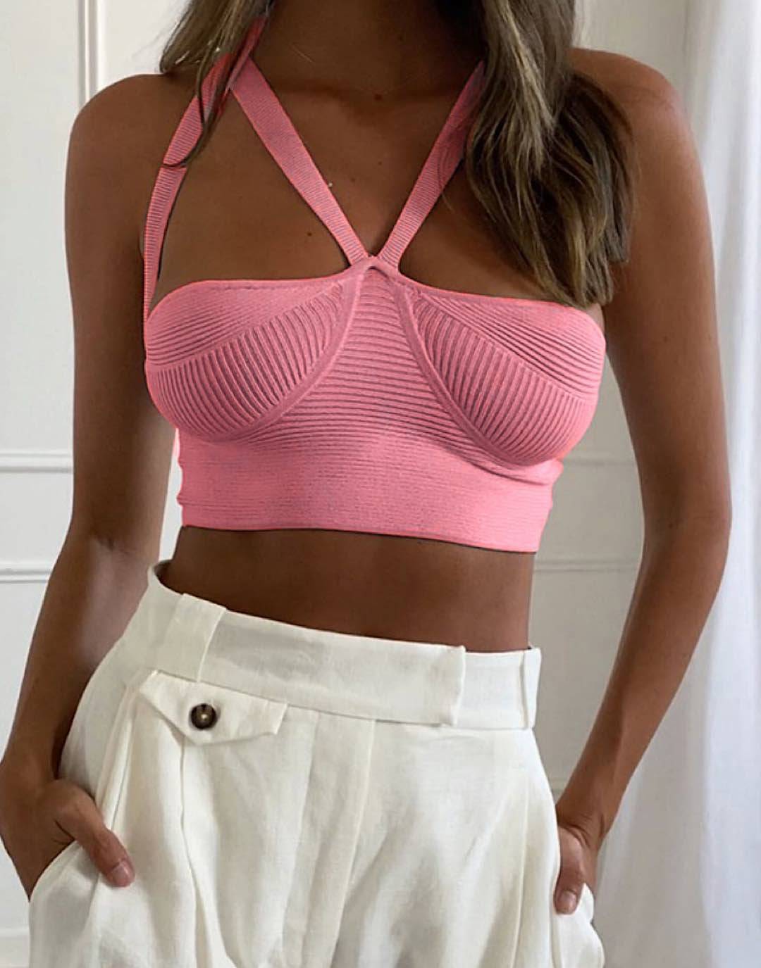 Pink Strappy Crop Knit Top