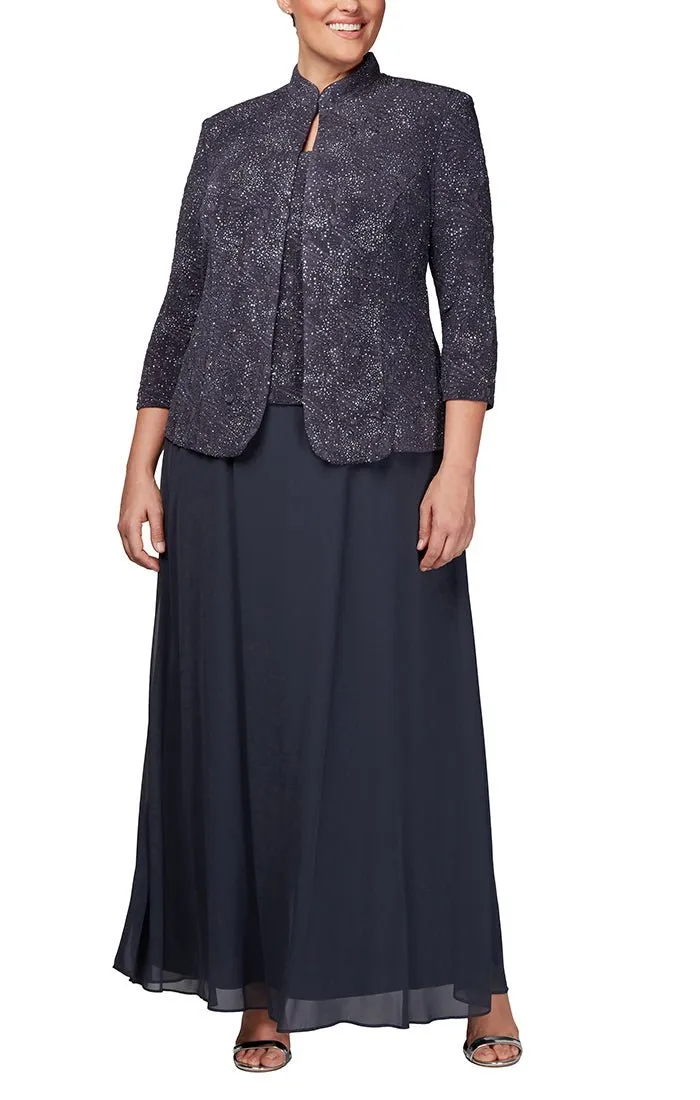 Plus Glitter Jacquard Knit Jacket Dress with Mandarin Neckline