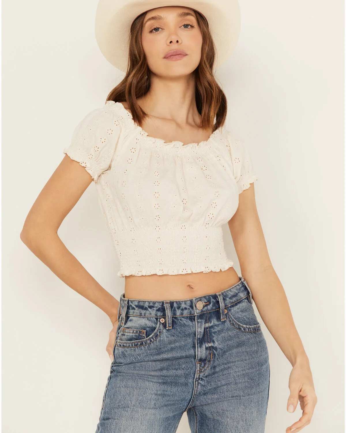 Product Name:  Cleo + Wolf Women's Knit Eyelet Smocked Crop Top