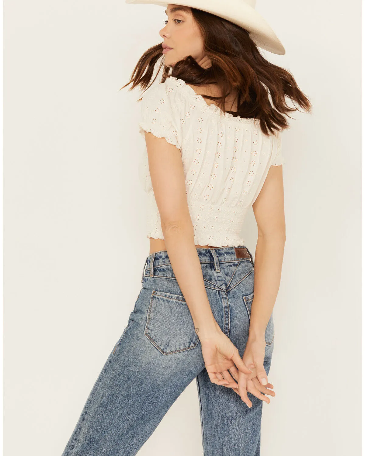 Product Name:  Cleo + Wolf Women's Knit Eyelet Smocked Crop Top