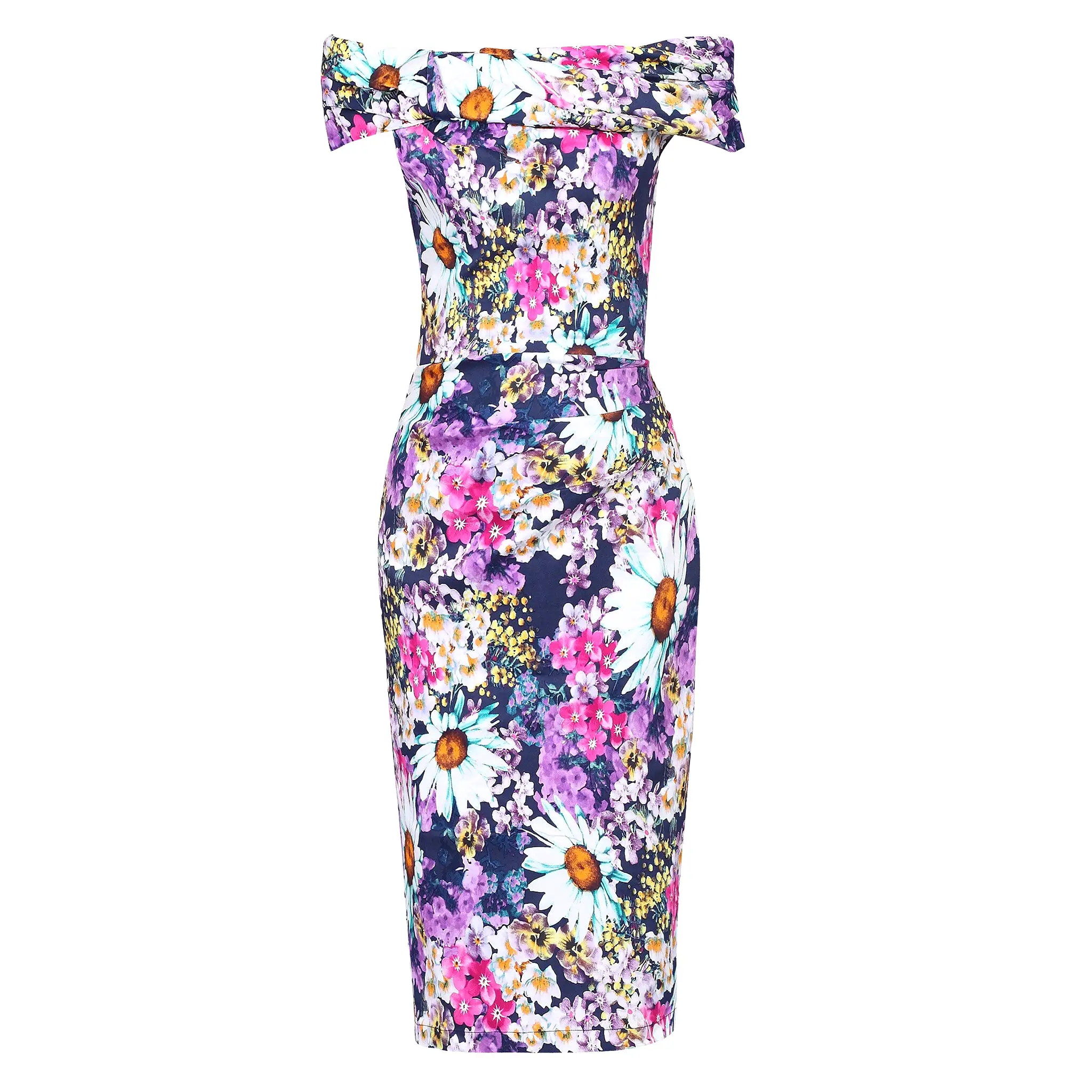 Purple Multi Floral Print Bardot Off The Shoulder Wiggle Pencil Dress