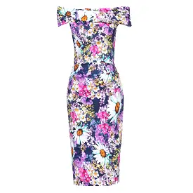 Purple Multi Floral Print Bardot Off The Shoulder Wiggle Pencil Dress