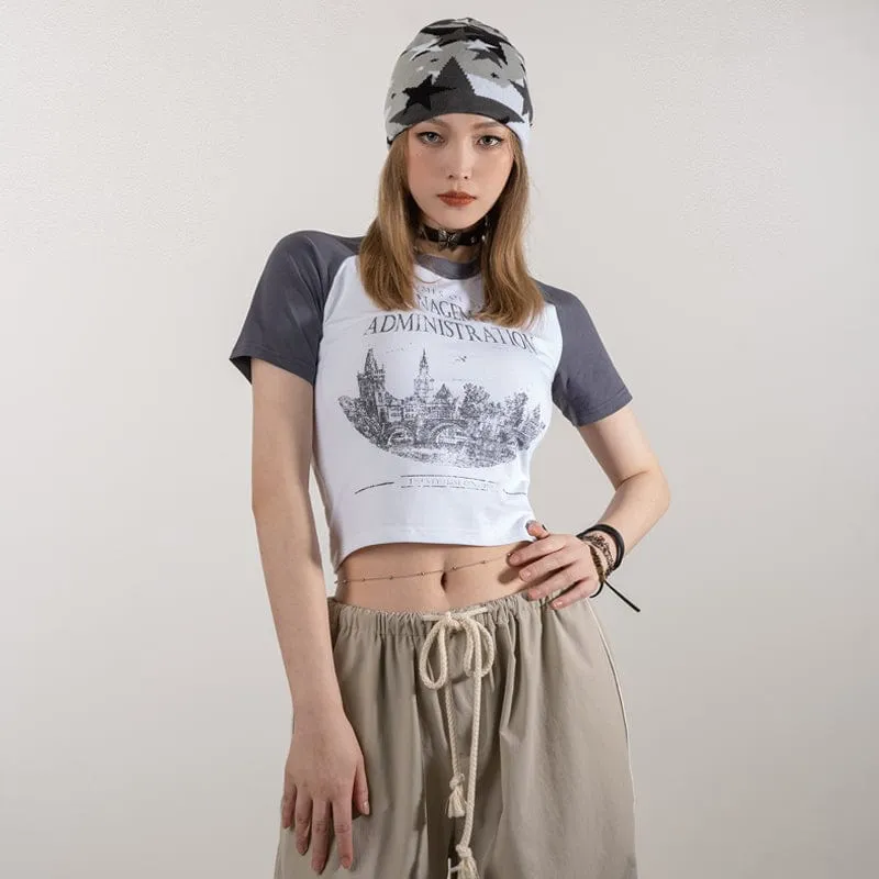 RTK (W) No. 1828 CONTRAST GRAPHIC CROP TOP SHIRT