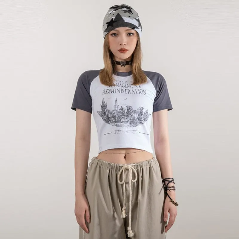 RTK (W) No. 1828 CONTRAST GRAPHIC CROP TOP SHIRT