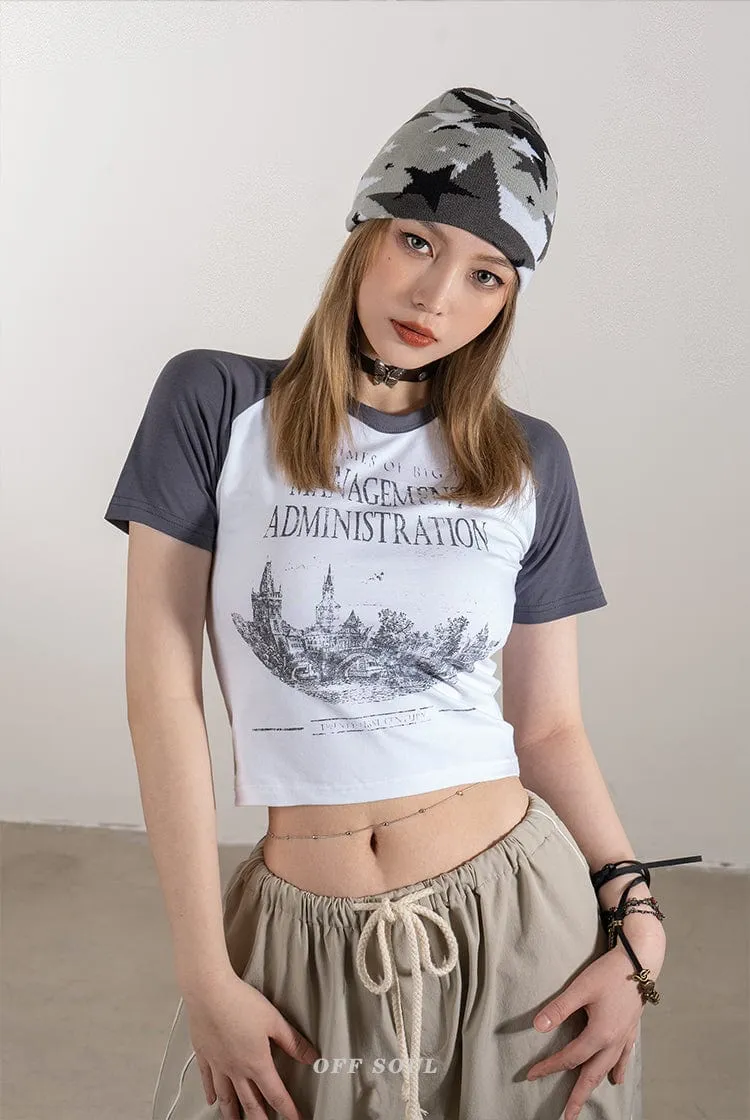 RTK (W) No. 1828 CONTRAST GRAPHIC CROP TOP SHIRT