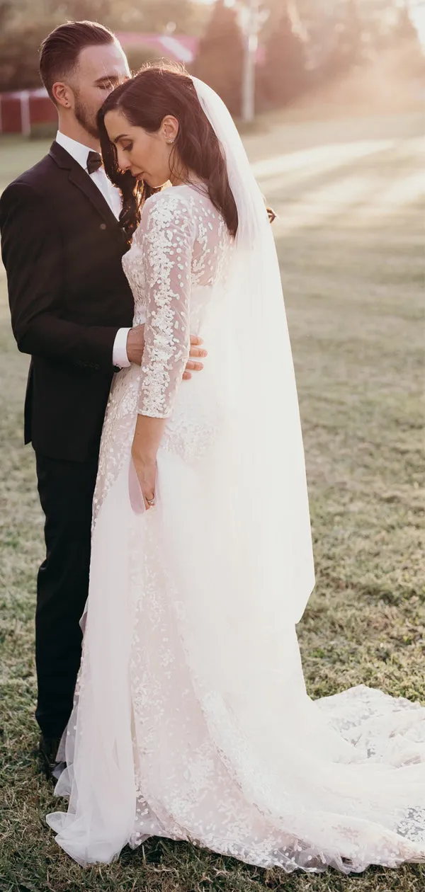 See Through Lace Tulle Long Sleeve Charming Wedding Dresses,DB0181