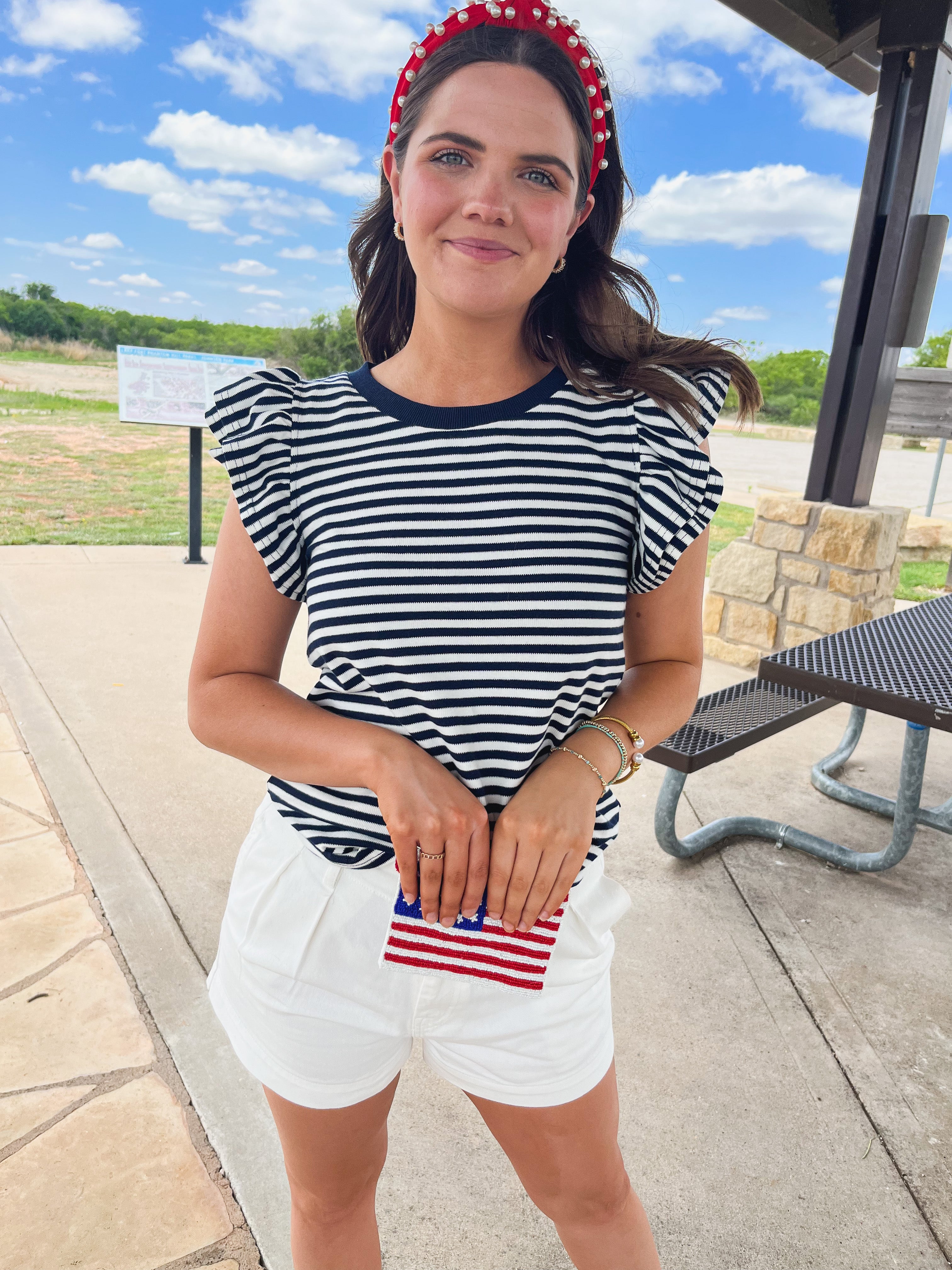 STRIPE RUFFLE DETAIL KNIT TOP- NAVY/IVORY