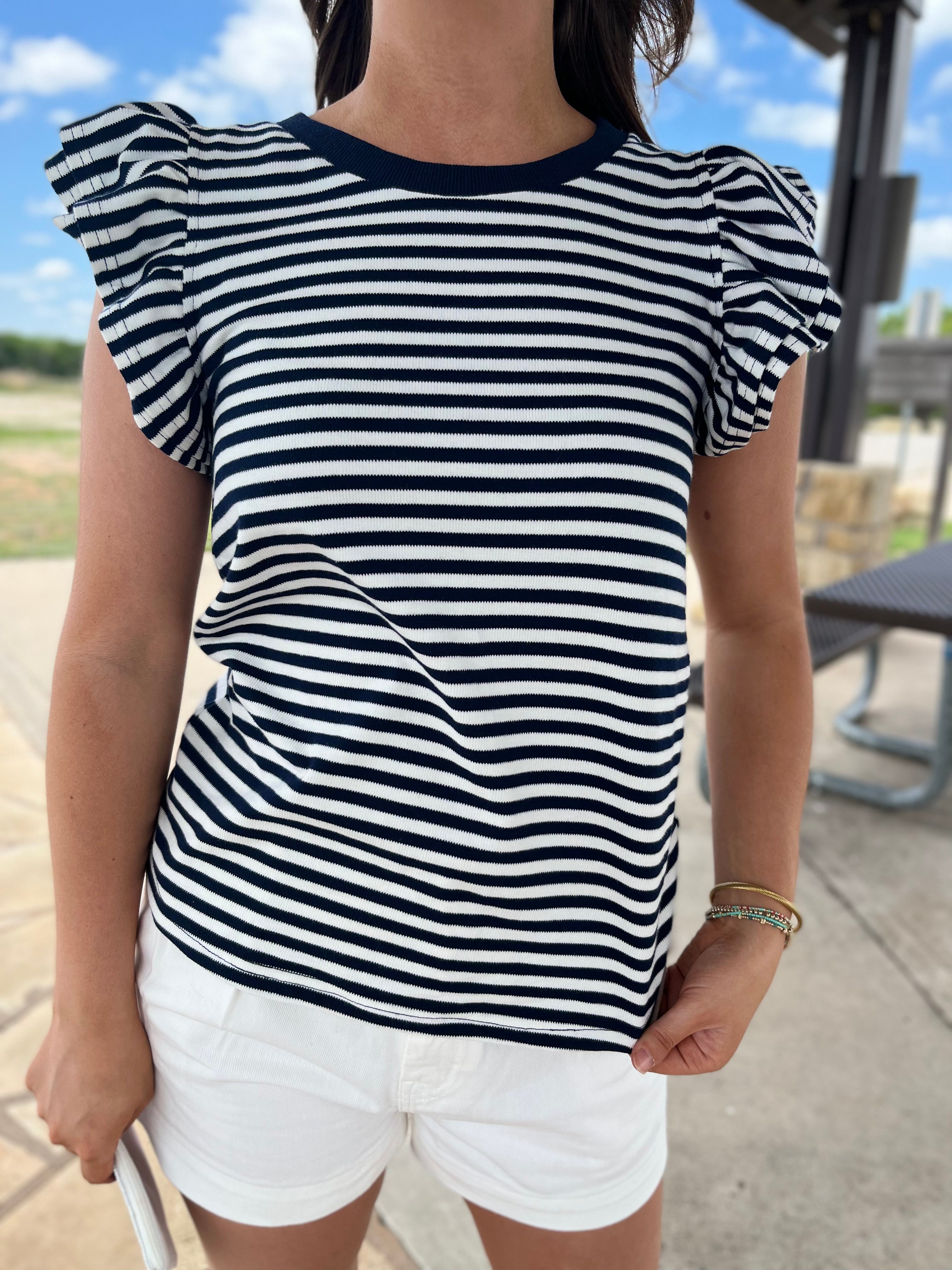 STRIPE RUFFLE DETAIL KNIT TOP- NAVY/IVORY