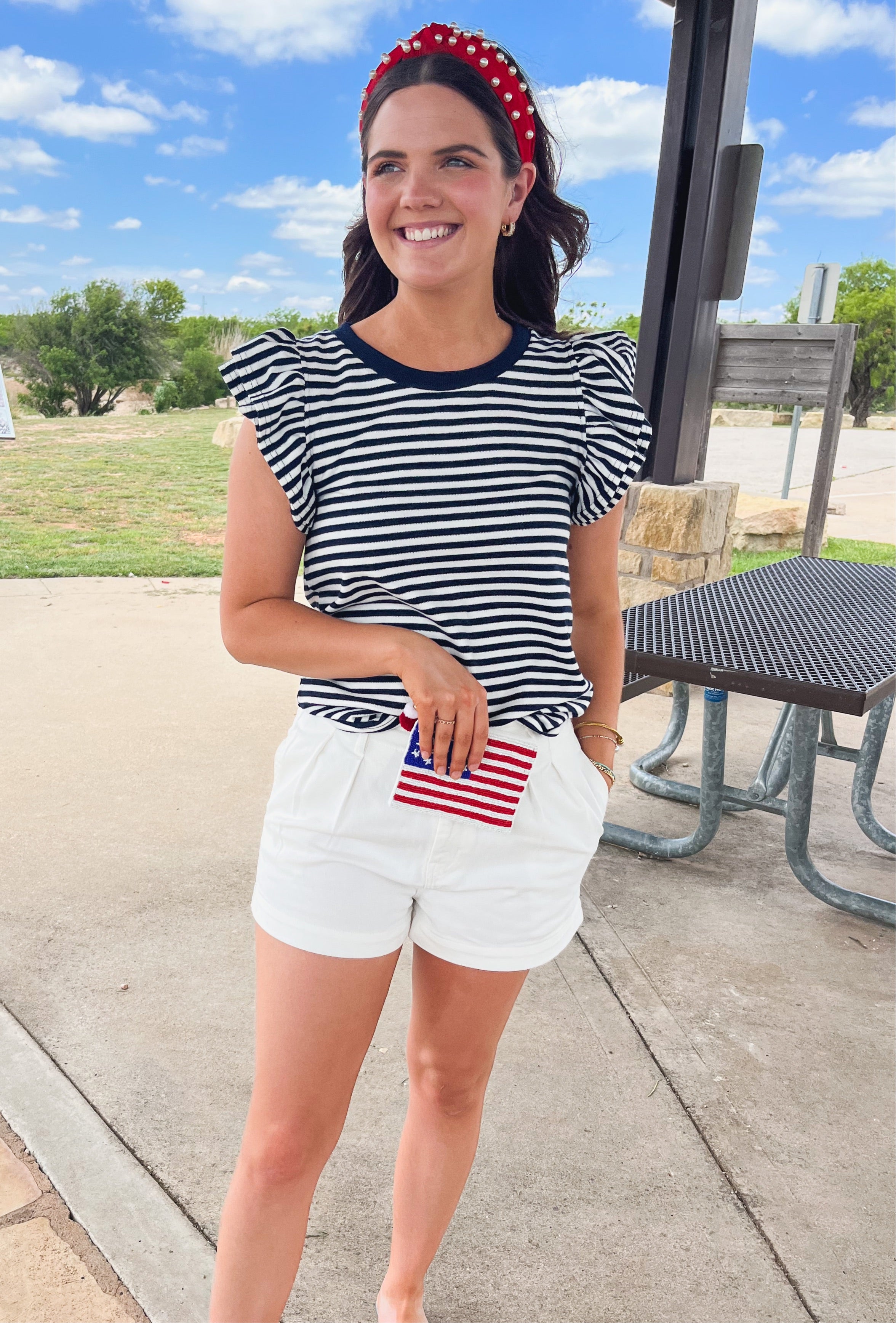 STRIPE RUFFLE DETAIL KNIT TOP- NAVY/IVORY