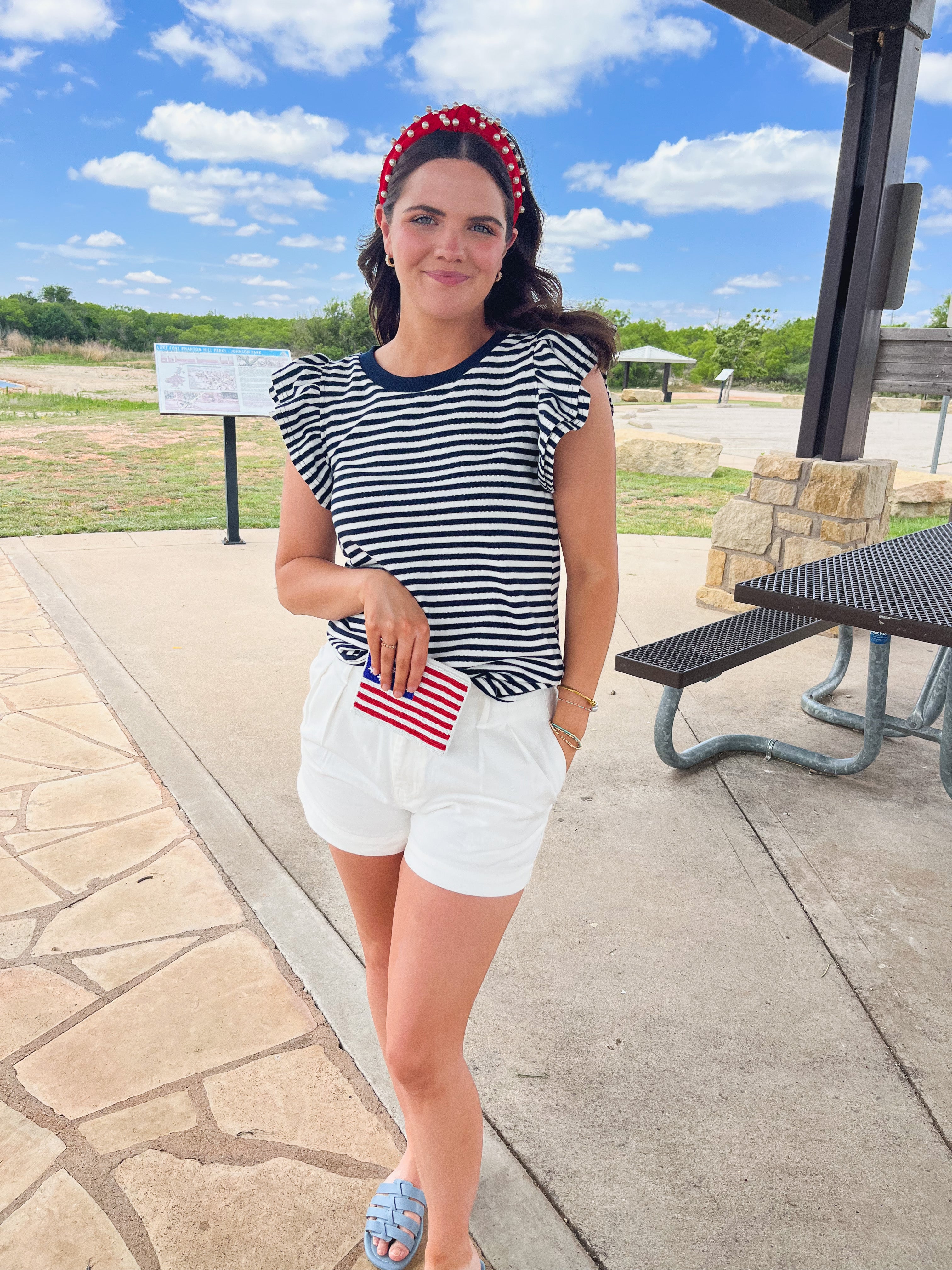 STRIPE RUFFLE DETAIL KNIT TOP- NAVY/IVORY