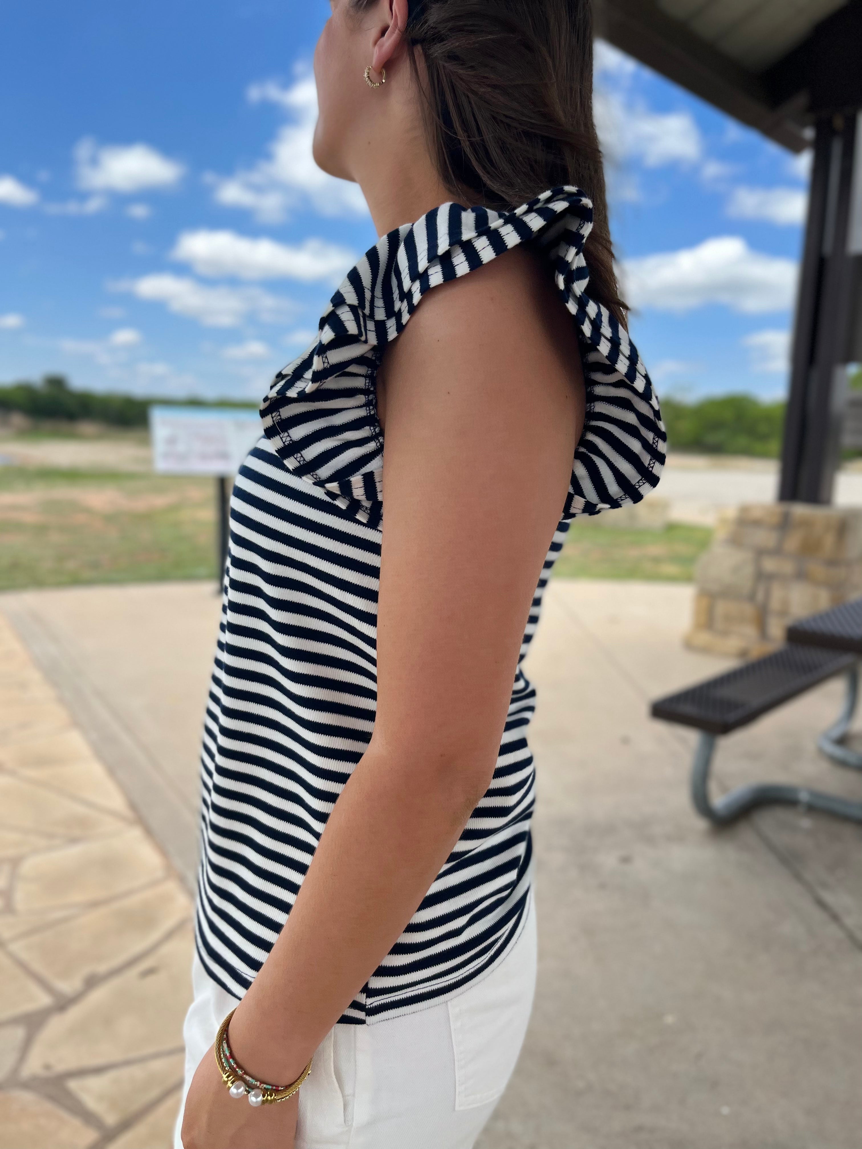 STRIPE RUFFLE DETAIL KNIT TOP- NAVY/IVORY