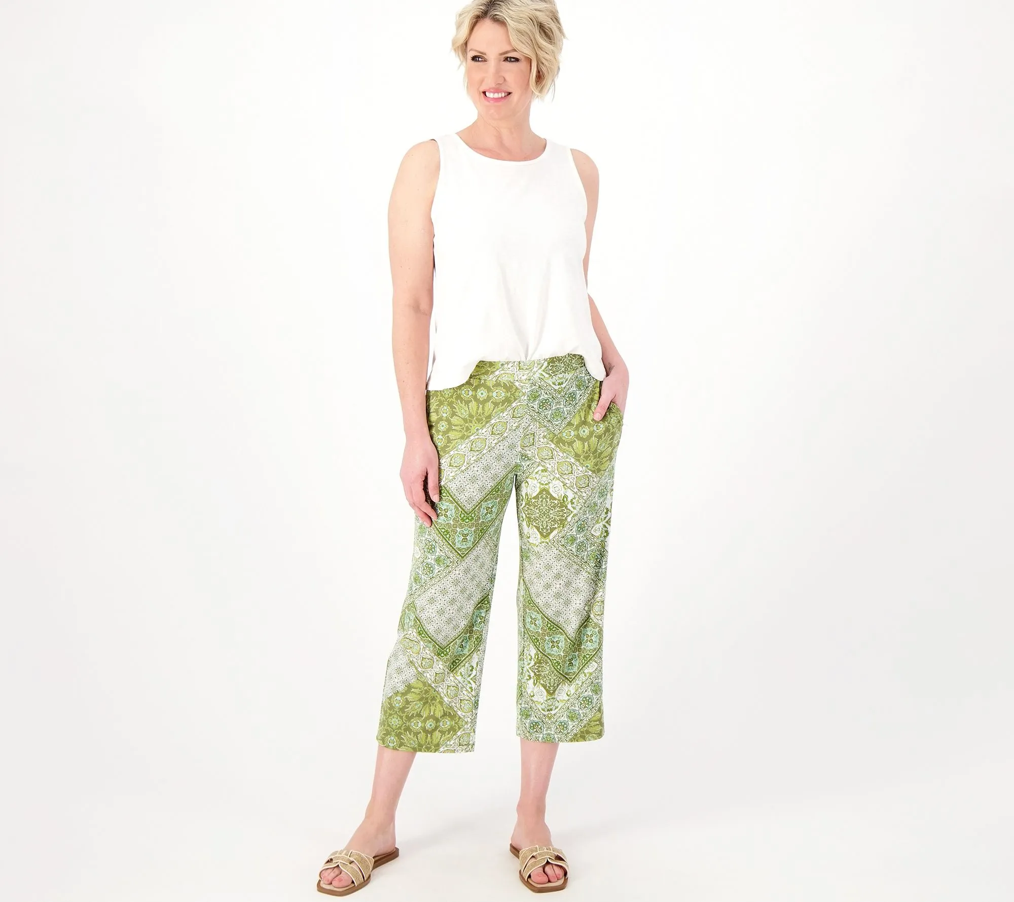 Susan Graver Passport Petite Printed Liquid Knit Slim Leg Crop Pants