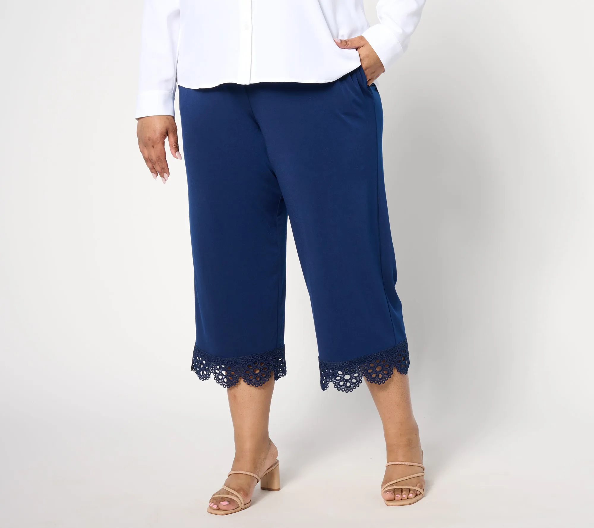 Susan Graver Petite Liquid Knit Wide-Leg Crop Pants with Lace Hem