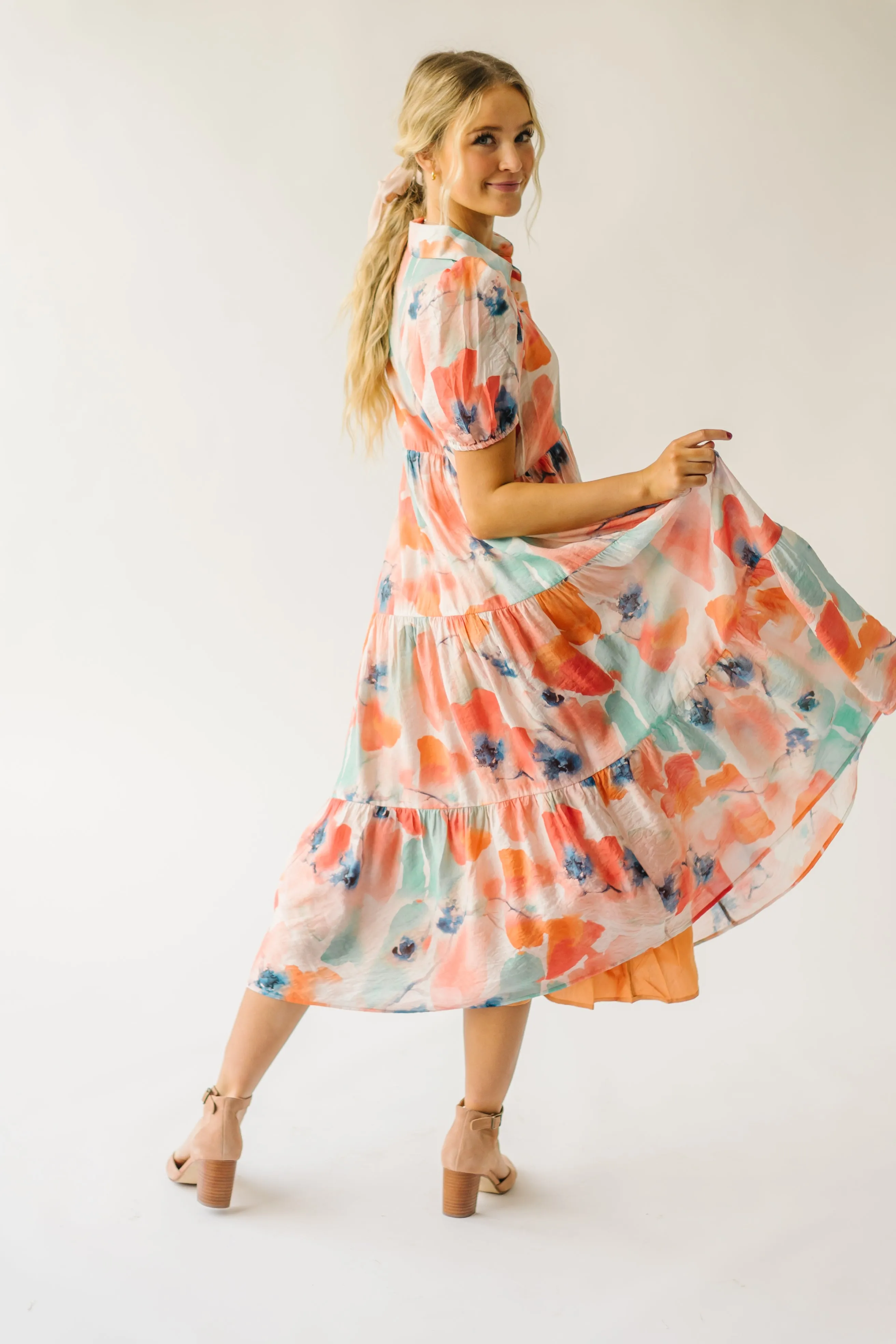 The Slaton Watercolor Tiered Midi Dress in Pink + Green Multi