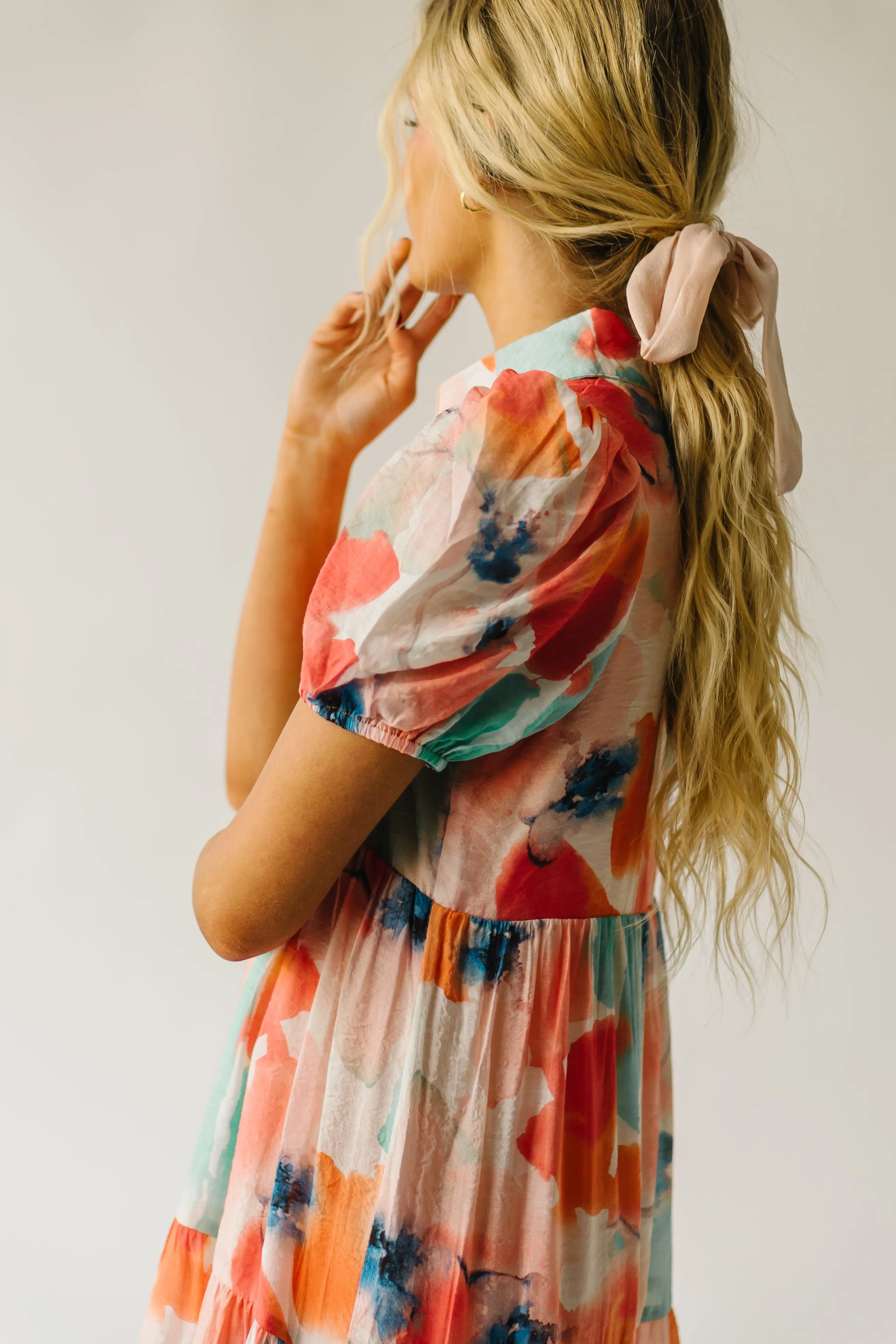 The Slaton Watercolor Tiered Midi Dress in Pink + Green Multi