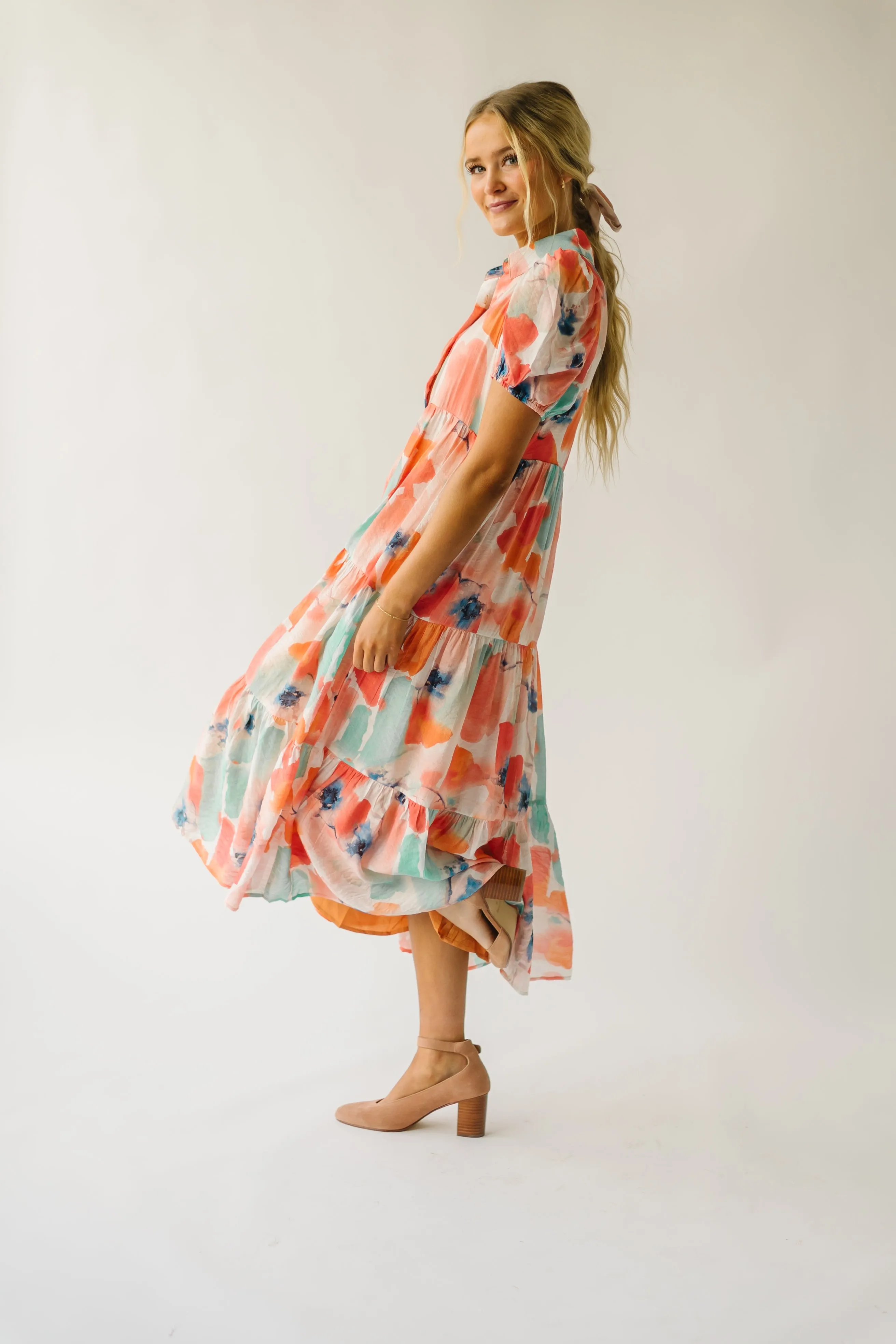 The Slaton Watercolor Tiered Midi Dress in Pink + Green Multi