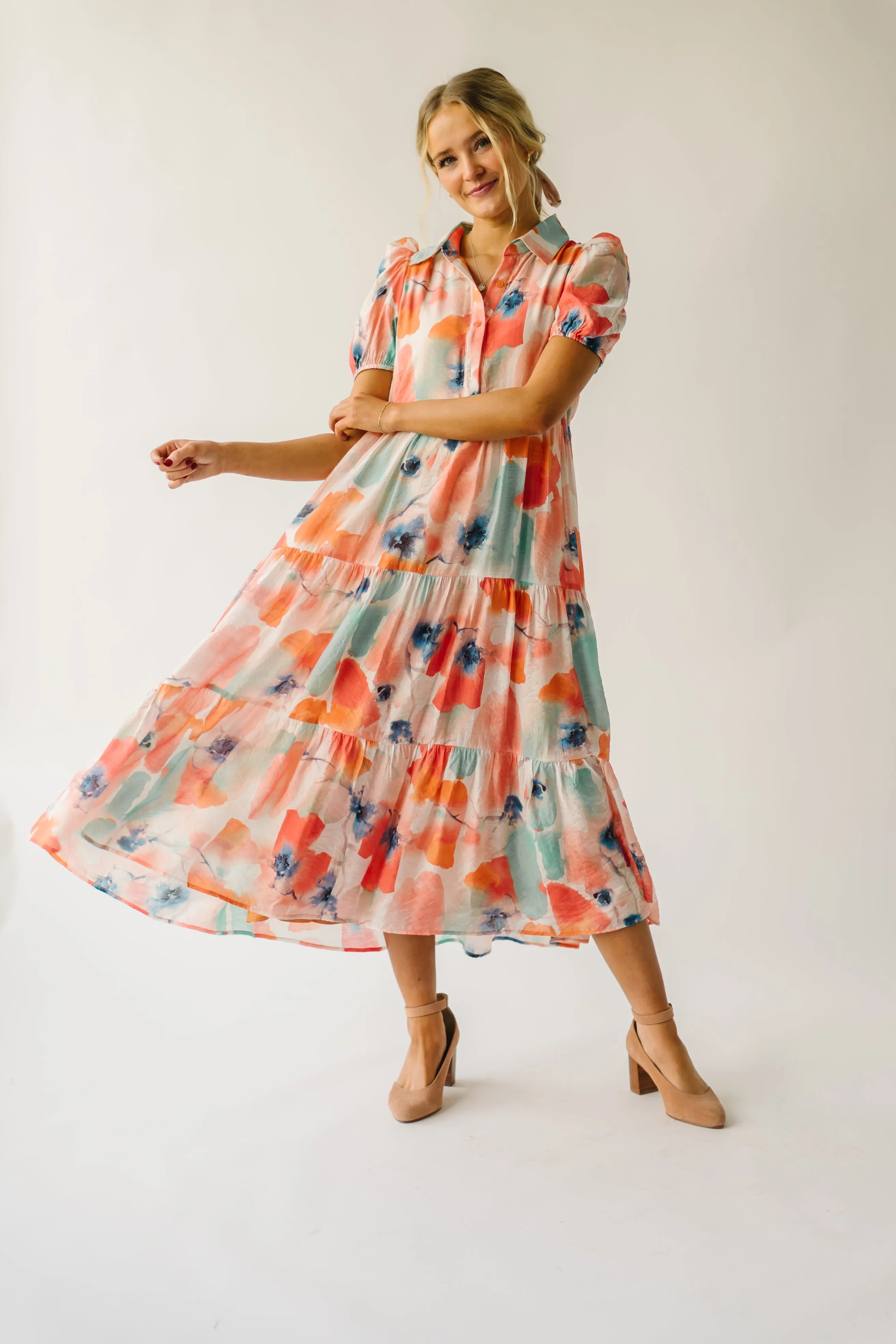 The Slaton Watercolor Tiered Midi Dress in Pink + Green Multi