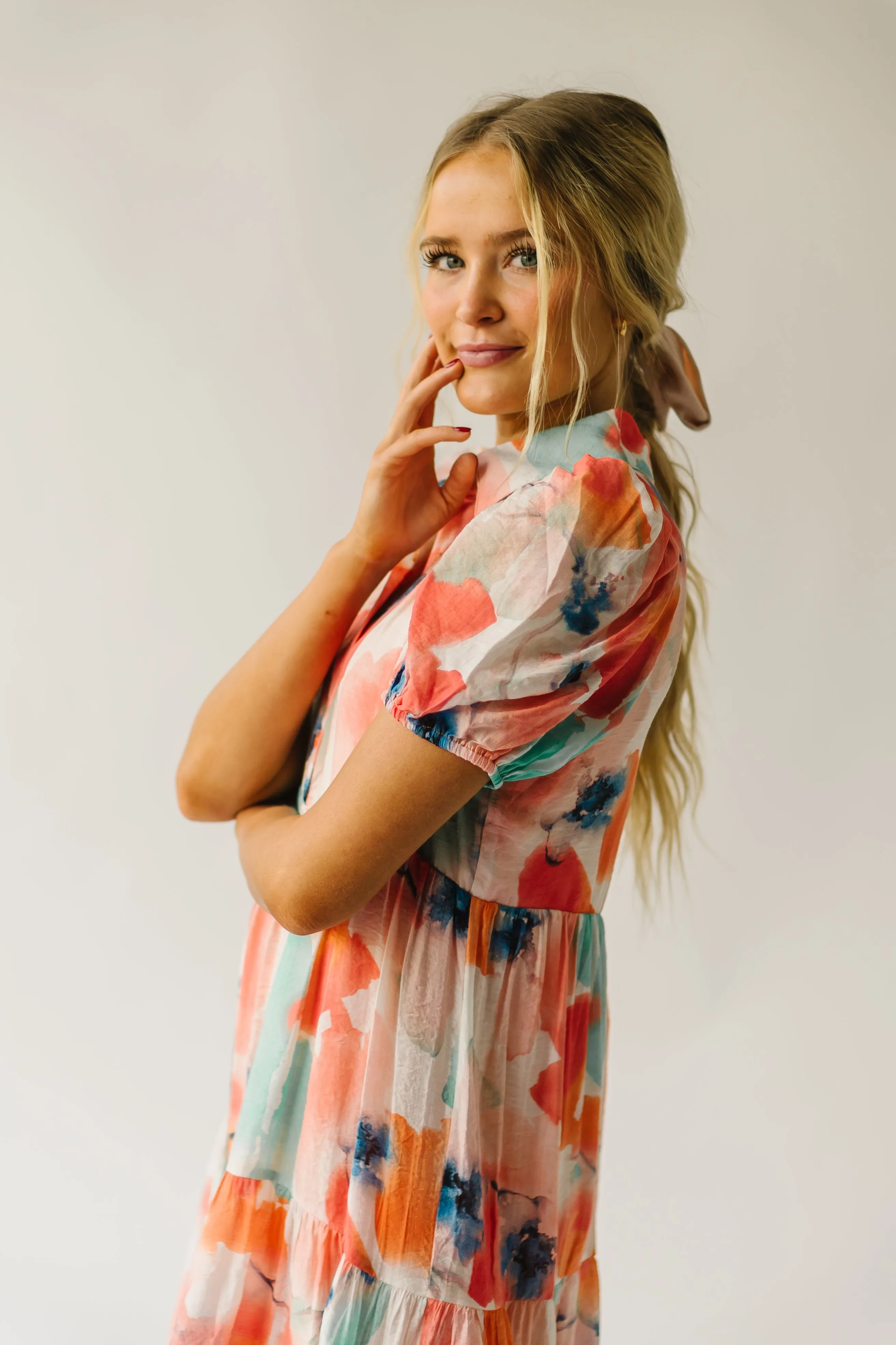 The Slaton Watercolor Tiered Midi Dress in Pink + Green Multi