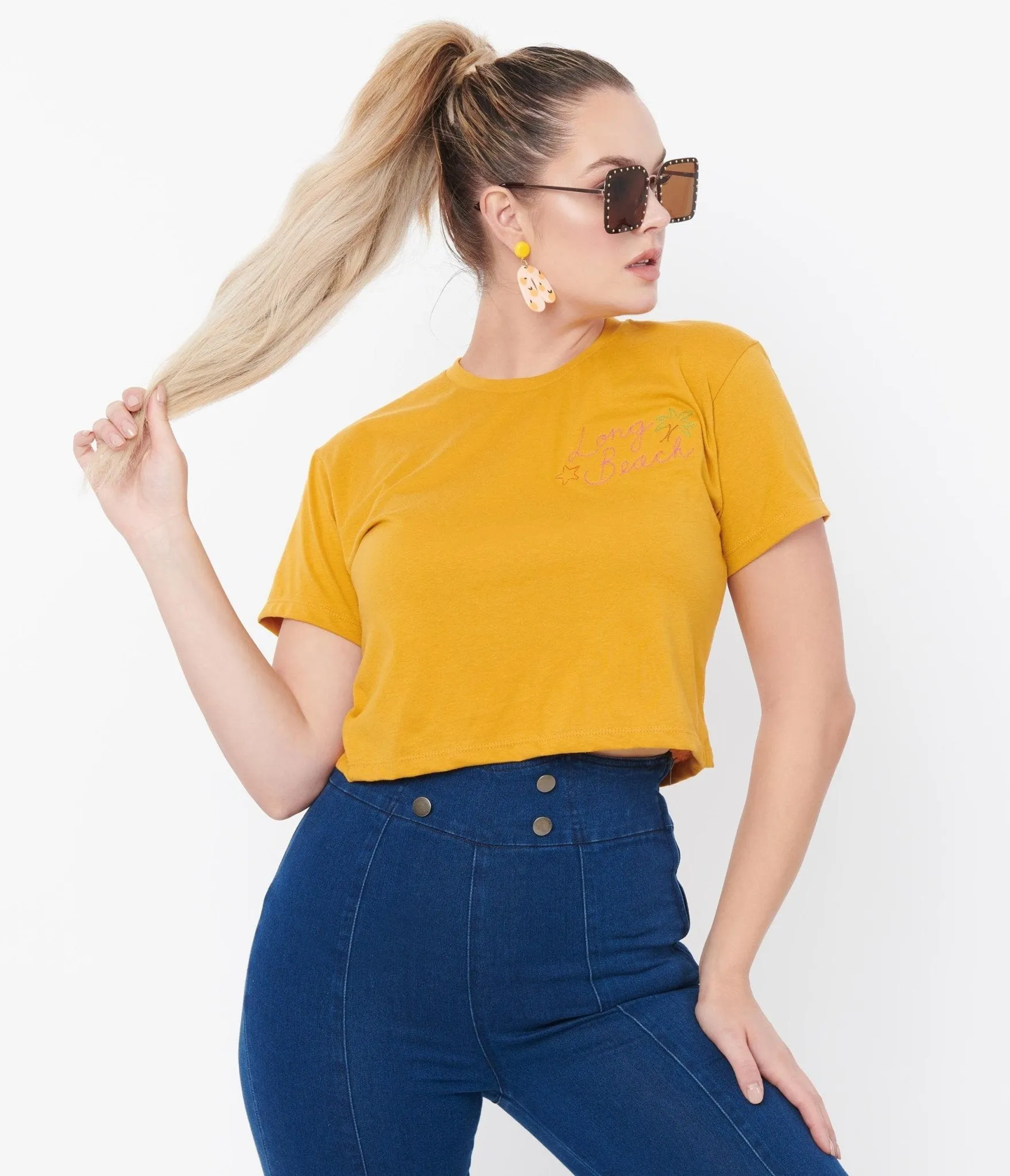 Unique Vintage Mustard Long Beach Crop Graphic Tee