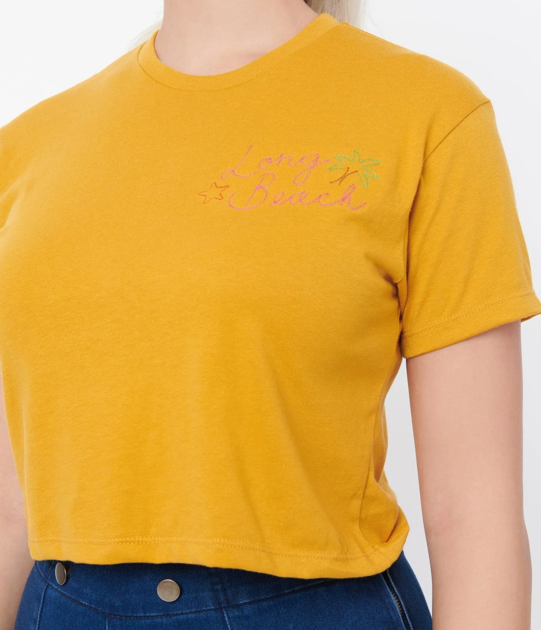 Unique Vintage Mustard Long Beach Crop Graphic Tee