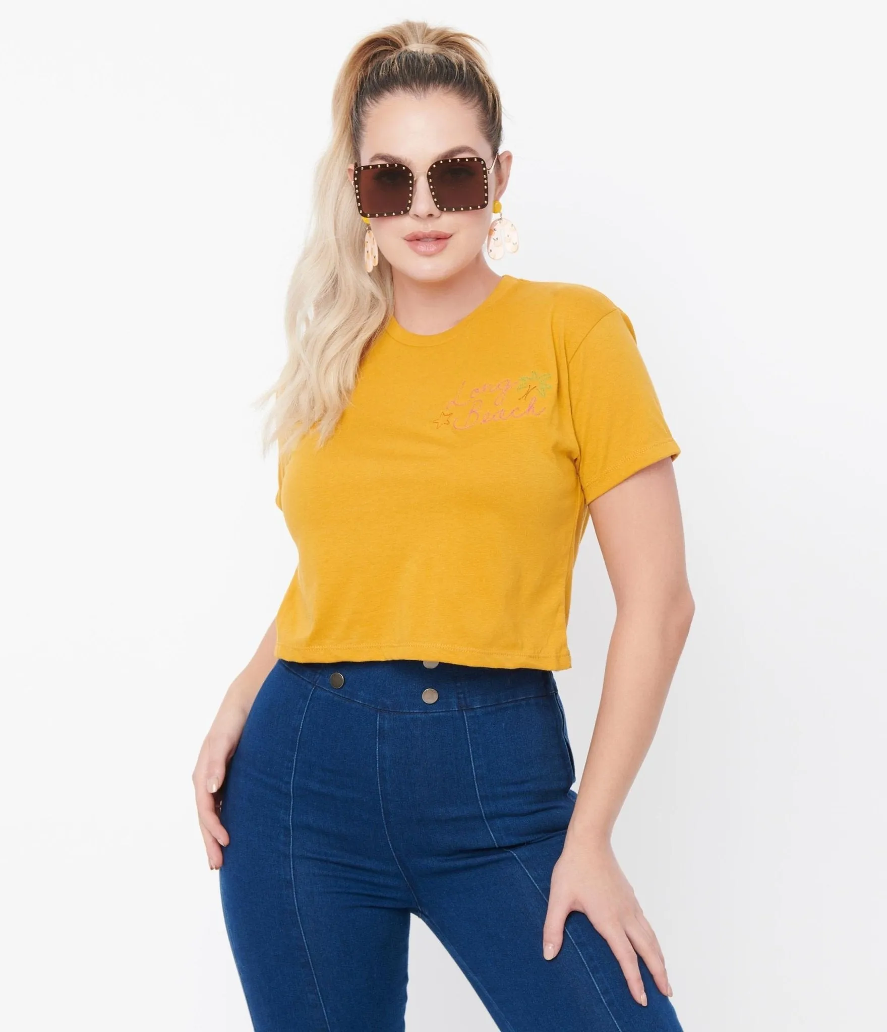 Unique Vintage Mustard Long Beach Crop Graphic Tee