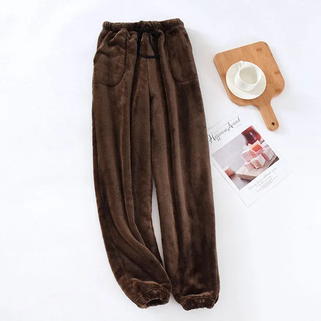 Xituodai Autumn Winter Men Thick Warm Flannel Pajama Pants Large Size Elastic Waist Drawstring Loose Fleece Sleep Bottoms Homewe