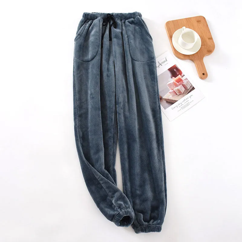 Xituodai Autumn Winter Men Thick Warm Flannel Pajama Pants Large Size Elastic Waist Drawstring Loose Fleece Sleep Bottoms Homewe