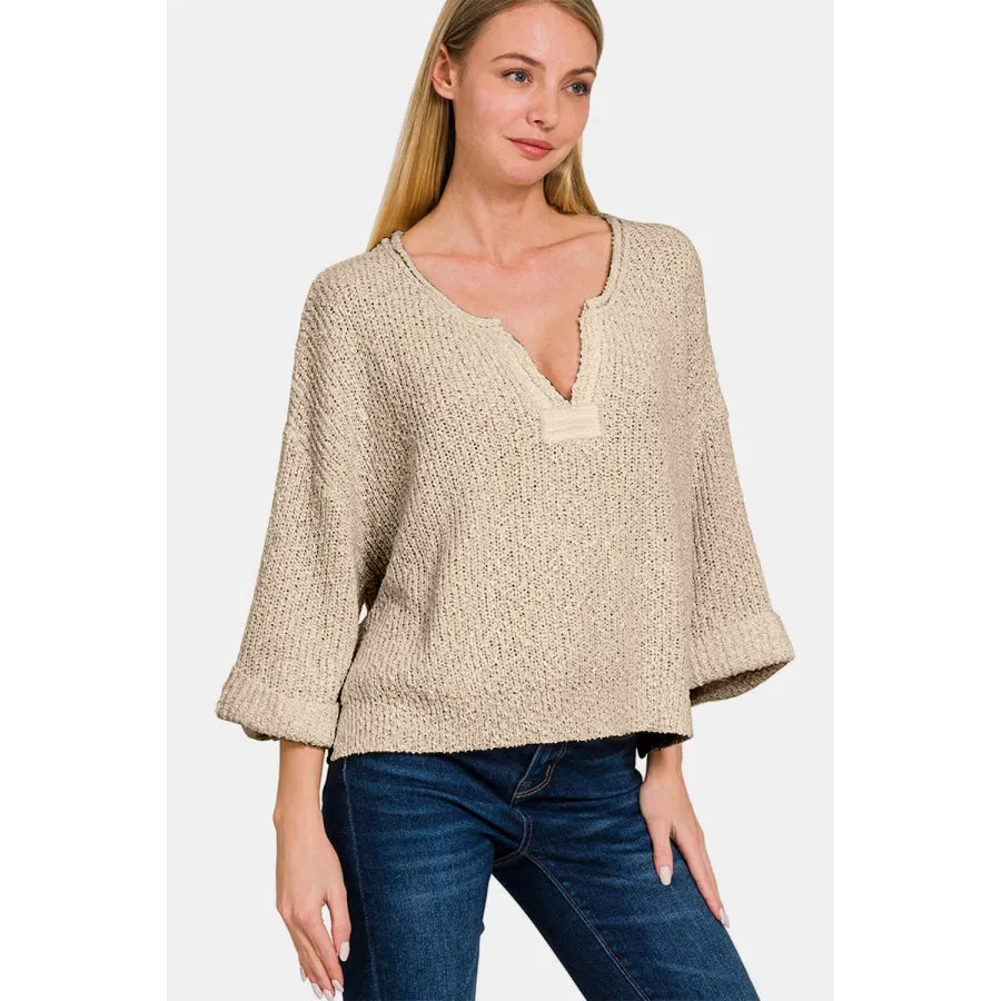 Zenana Notched Side Slit Patch Sweater