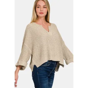 Zenana Notched Side Slit Patch Sweater