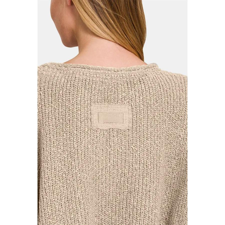 Zenana Notched Side Slit Patch Sweater